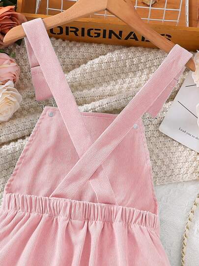 Robe Salopette en Velours Côtelé pour Fille Préadolescente, Jupe Tablier Rose avec Poche et Badge Brodé, Style Preppy Mignon Décontracté pour l'École et le Campus, Tenue d'Automne