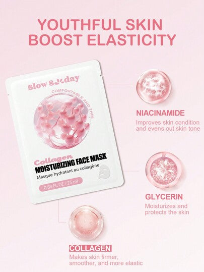 Masque facial hydratant au collagène SlowSunday, lot de 5, hydrate et nourrit, hydrate en profondeur et apaise la peau, K Beauty, soins de la peau coréens, Y2K, idéal pour les fêtes, convient pour l'été & l'automne, Halloween