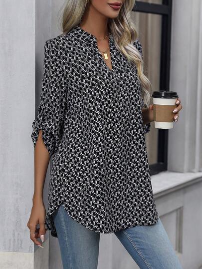 EMERY ROSE Blouse Imprimé Manches Pattes Ourlet Incurvé popover