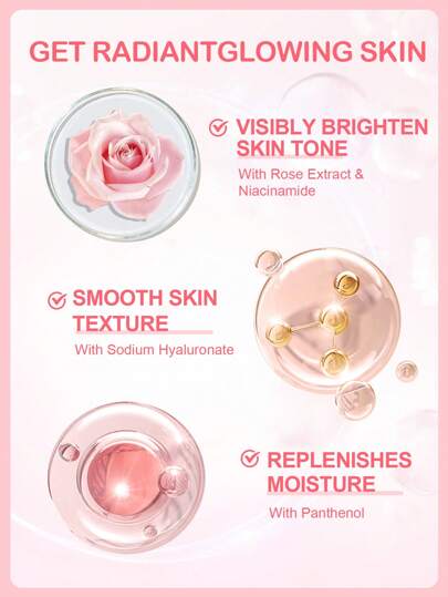 Sérum Rose Éclatant SlowSunday, Hydratation Profonde, Éclaircit la Peau, Uniformise le Teint, Améliore la Teint Terne, Parfait comme Base Hydratante, Base Lissante et Floutante Minimisant les Pores, Convient pour l'Été & l'Automne, Y2K, Idéal pour les Fêt
