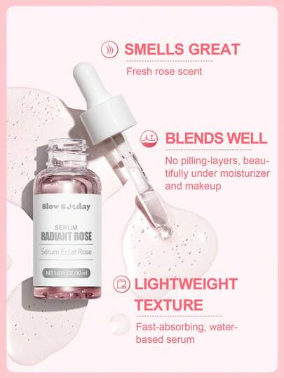 Sérum Rose Éclatant SlowSunday, Hydratation Profonde, Éclaircit la Peau, Uniformise le Teint, Améliore la Teint Terne, Parfait comme Base Hydratante, Base Lissante et Floutante Minimisant les Pores, Convient pour l'Été & l'Automne, Y2K, Idéal pour les Fêt