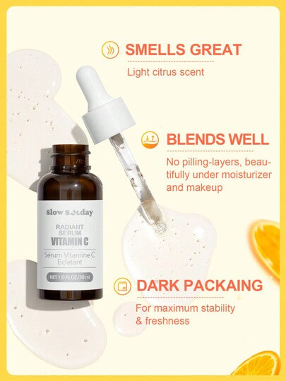 Sérum à la vitamine C éclatant SlowSunday, hydratation profonde, illumine la peau, uniformise le teint, améliore le teint terne, antioxydant, lisse les ridules, minimise les pores, primer lissant et floutant, convient pour l'été & l'automne, Y2K, Hallowee