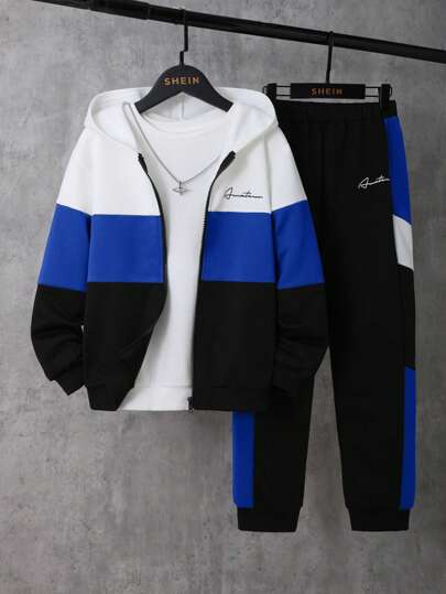Ensemble 2 pièces pour enfants/préadolescents garçons, Sweat-shirt-shirt à capuche décontracté ample bicolore d'automne + pantalon de jogging décontracté bicolore, en polaire épaisse