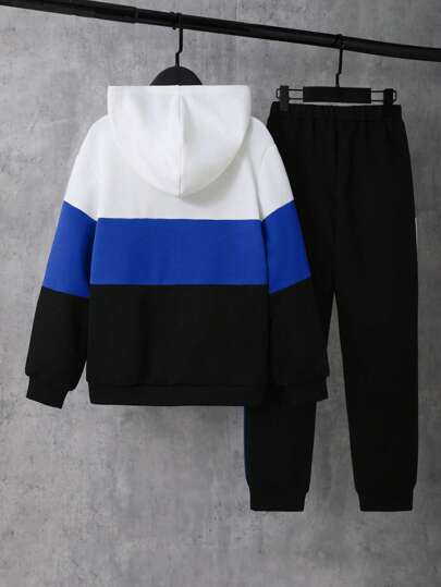 Ensemble 2 pièces pour enfants/préadolescents garçons, Sweat-shirt-shirt à capuche décontracté ample bicolore d'automne + pantalon de jogging décontracté bicolore, en polaire épaisse