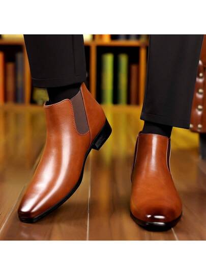 1 paire de bottes décontractées durables pour hommes, montantes, à bout rond, à enfiler, tige en PU, semelle en caoutchouc, talon bas, pour un port quotidien