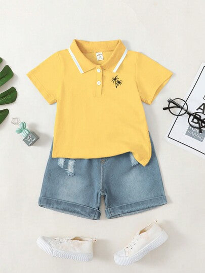Souflis Ensemble De Polo Brodé Pour Jeune Garçon Avec Des Arbres De Coco, Avec Col Et Short Déchiré