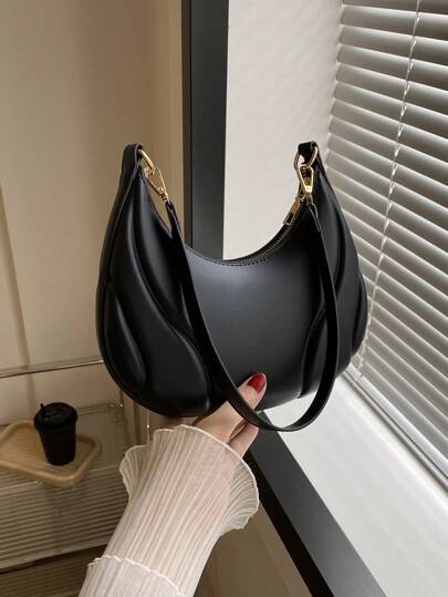 Sac à main mini en forme de croissant à la mode, 1 pièce, décoration gaufrée de couleur unie, matériau PU, sac à épaule élégant et portable avec fermeture éclair, convient pour les voyages et l'utilisation quotidienne des filles