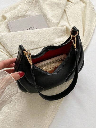 Sac à main mini en forme de croissant à la mode, 1 pièce, décoration gaufrée de couleur unie, matériau PU, sac à épaule élégant et portable avec fermeture éclair, convient pour les voyages et l'utilisation quotidienne des filles