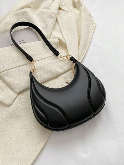 Sac à main mini en forme de croissant à la mode, 1 pièce, décoration gaufrée de couleur unie, matériau PU, sac à épaule élégant et portable avec fermeture éclair, convient pour les voyages et l'utilisation quotidienne des filles