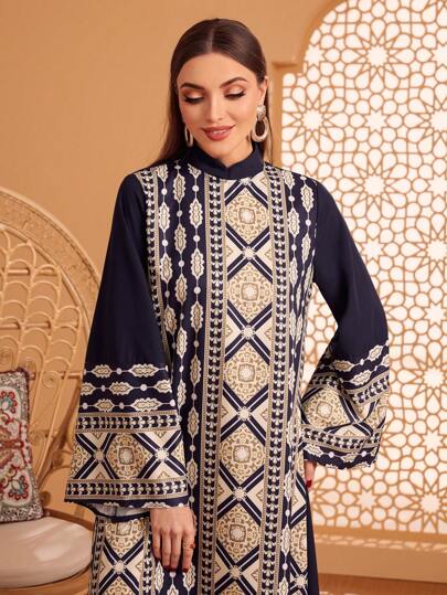 Al Najma Robe jalabiya à col montant avec motif géométrique et manches volantées, caftan modeste