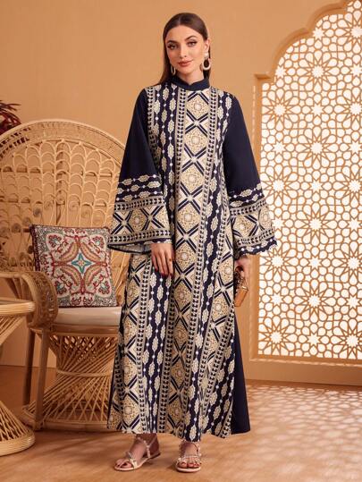 Al Najma Robe jalabiya à col montant avec motif géométrique et manches volantées, caftan modeste