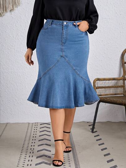 EMERY ROSE EMERY ROSE Jupe évasée de sirène en jean élastique de luxe élégant, grande taille