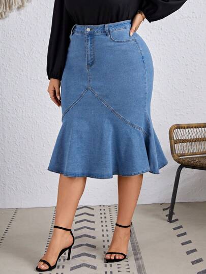 EMERY ROSE EMERY ROSE Jupe évasée de sirène en jean élastique de luxe élégant, grande taille