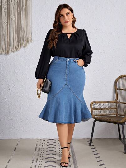 EMERY ROSE EMERY ROSE Jupe évasée de sirène en jean élastique de luxe élégant, grande taille