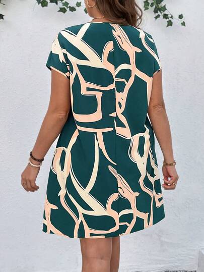 LUNE Robe d'été décontractée pour vacances avec imprimé tout-sur, encolure découpée, grande taille