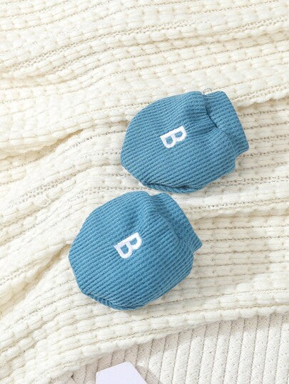 Ensemble 5 pièces pour bébé nouveau-né avec lettres brodées en tissu gaufré, automne/hiver, cadeau pour le premier mois, tenue de sortie séparée avec bonnet, moufles et chaussons