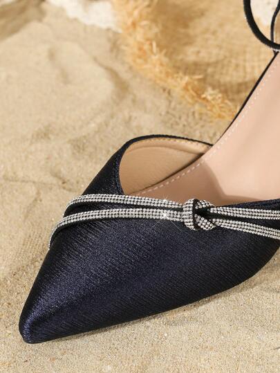 Escarpins à talons hauts pour femmes grandes tailles, décorés de strass, bleu marine, talons épais, bout pointu, chaussures de style bureau élégantes et confortables