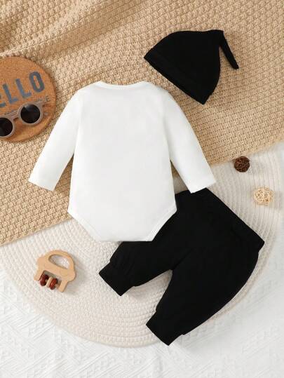 Vintaside Kids Ensemble bébé garçon avec body à manches longues imprimé lettres, pantalon et bonnet, automne