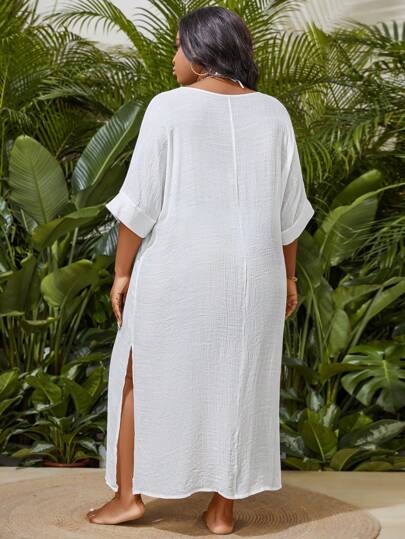 Slaydiva Robe de plage d'été grande taille 1 pièce avec encolure en V, manches chauve-souris et fente latérale, robe de mariée