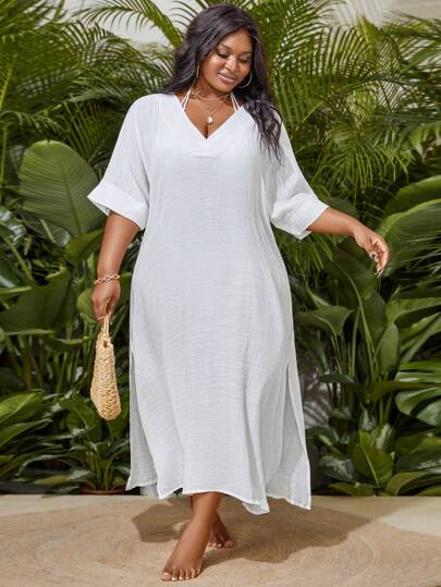 Slaydiva Robe de plage d'été grande taille 1 pièce avec encolure en V, manches chauve-souris et fente latérale, robe de mariée