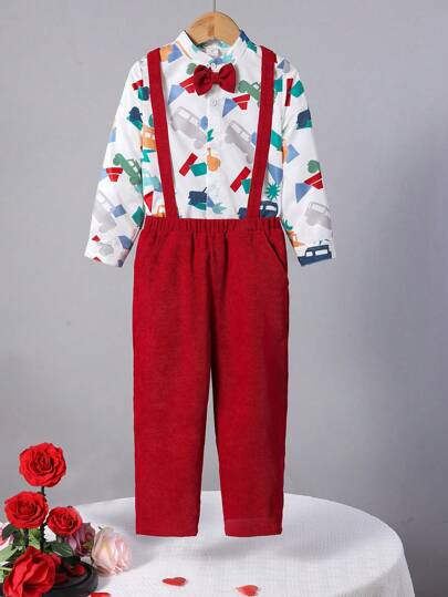 Chemise À Motif De Voiture Élégante Et Ajustée Pour Garçons Avec Pantalon De Bretelles, Vêtements De Gentleman