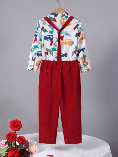 Chemise À Motif De Voiture Élégante Et Ajustée Pour Garçons Avec Pantalon De Bretelles, Vêtements De Gentleman