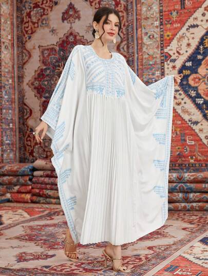 Al Najma Caftan Ample Pour Femmes Avec Des Couleurs Contrastées Et Un Col Rond Imprimé