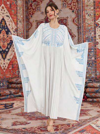 Al Najma Caftan Ample Pour Femmes Avec Des Couleurs Contrastées Et Un Col Rond Imprimé