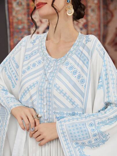 Al Najma Caftan Ample Pour Femmes Avec Des Couleurs Contrastées Et Un Col Rond Imprimé