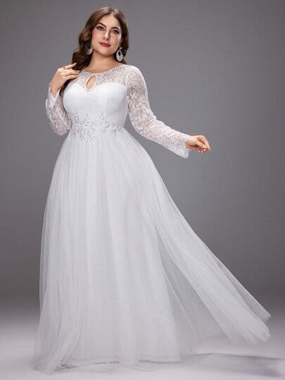 UNITHORSE Robe de mariée élégante en dentelle florale à manches longues et en maille pour femmes grandes tailles, assortie à une robe de soirée luxueuse, tenue de fête tout en blanc