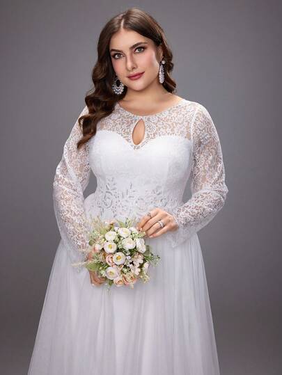 UNITHORSE Robe de mariée élégante en dentelle florale à manches longues et en maille pour femmes grandes tailles, assortie à une robe de soirée luxueuse, tenue de fête tout en blanc