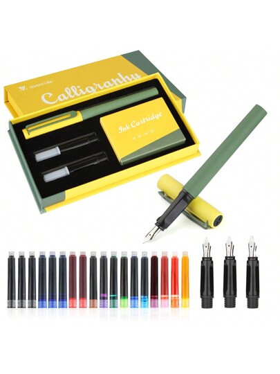 1 set stylo de calligraphie - 3 tailles de pointe différentes et 18 cartouches d'encre variées, pour pratiquer la calligraphie, l'écriture, la correspondance, la signature - 1 set complet et facile à apprendre pour les débutants retournant à l'école