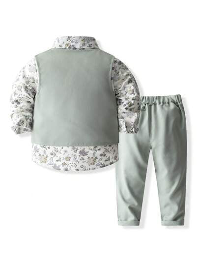 KIMOCAT Ensemble de 3 pièces pour jeune garçon : chemise imprimée à manches longues, gilet, pantalon long. Tenue de gentleman pour les fêtes et événements formels, automne