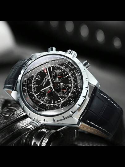 1 pièce Montre mécanique automatique pour homme style pilote, calendrier 24 heures, petit cadran noir, aiguilles lumineuses, marque de premier plan, design de lunette intérieure rotative, montre-bracelet business décontracté sport