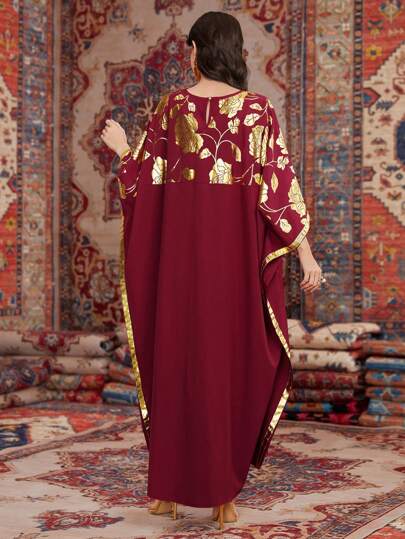 Al Najma Robe kaftan à manches chauve-souris pour femmes avec imprimé en feuille d'or, ceinture tissée et détail de franges, robe de soirée élégante