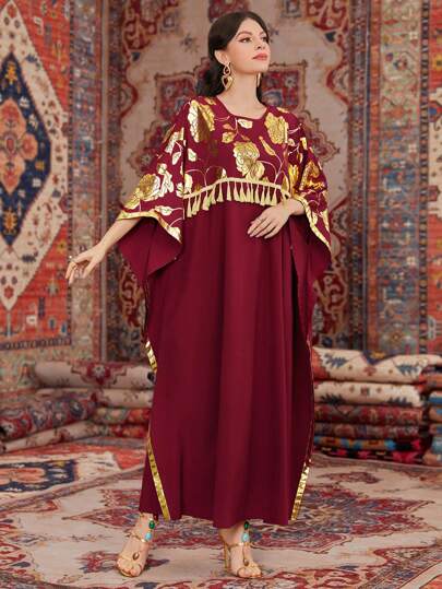 Al Najma Robe kaftan à manches chauve-souris pour femmes avec imprimé en feuille d'or, ceinture tissée et détail de franges, robe de soirée élégante