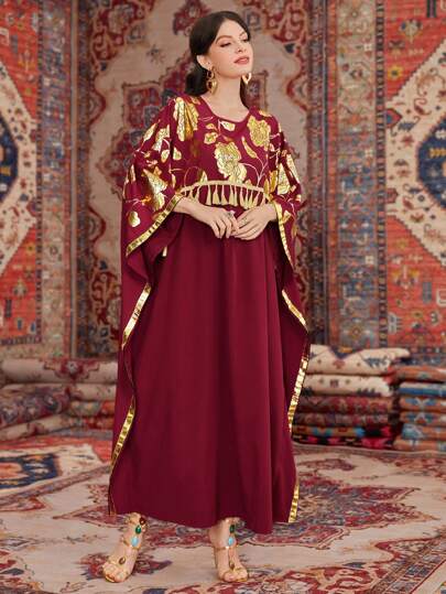 Al Najma Robe kaftan à manches chauve-souris pour femmes avec imprimé en feuille d'or, ceinture tissée et détail de franges, robe de soirée élégante