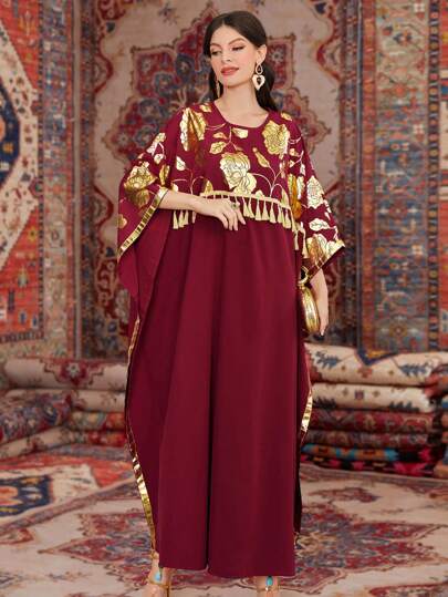Al Najma Robe kaftan à manches chauve-souris pour femmes avec imprimé en feuille d'or, ceinture tissée et détail de franges, robe de soirée élégante