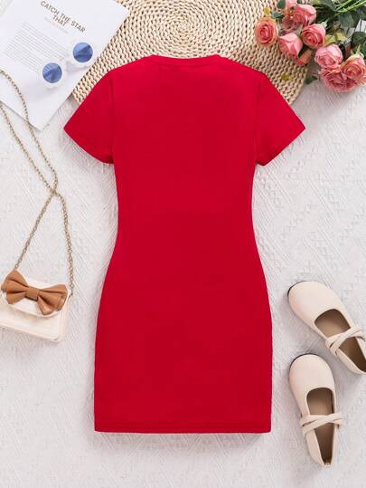 Robe À Col Rond Tricotée À Manches Courtes Portant Un Slogan Numérique Pour La Mode Quotidienne Des Filles Préadolescentes