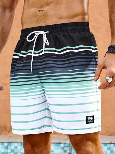 Manfinity KASUA Maillots de bain à cordon de serrage avec motif rayé et patchs pour hommes, pour la plage, les vacances, les vêtements de plage pour hommes, maillots de bain à cordon de serrage pour hommes, pantalons de plage, maillots de bain rayés