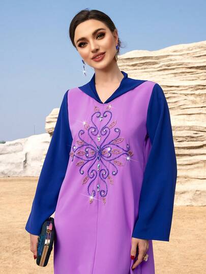 Layrah Robe à capuche de style marocain avec blocs de couleur et ornements de perles pour femmes, style soirée élégant et luxueux