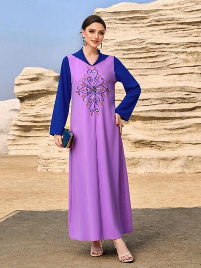 Layrah Robe à capuche de style marocain avec blocs de couleur et ornements de perles pour femmes, style soirée élégant et luxueux