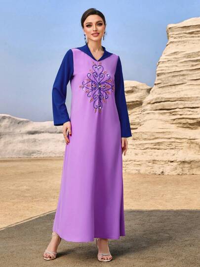 Layrah Robe à capuche de style marocain avec blocs de couleur et ornements de perles pour femmes, style soirée élégant et luxueux