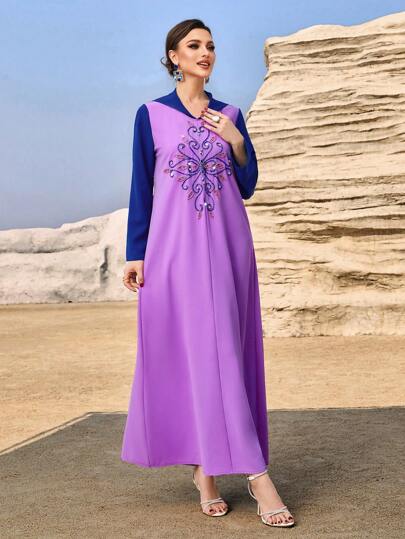 Layrah Robe à capuche de style marocain avec blocs de couleur et ornements de perles pour femmes, style soirée élégant et luxueux