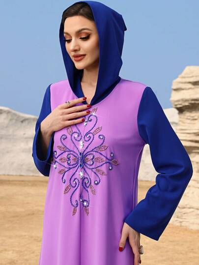 Layrah Robe à capuche de style marocain avec blocs de couleur et ornements de perles pour femmes, style soirée élégant et luxueux