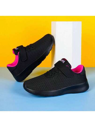 1 Paire Chaussures De Sport Légères Confortables Pour Femmes, Noir Unicolore, Maille Respirante, Baskets Polyvalentes Pour Le Printemps Et L'été, À Enfiler Avec Une Conception De Bride À Boucle