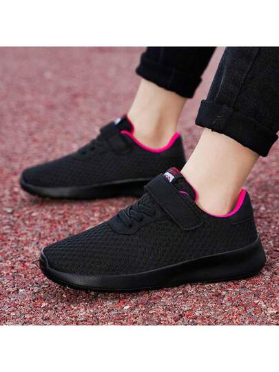 1 Paire Chaussures De Sport Légères Confortables Pour Femmes, Noir Unicolore, Maille Respirante, Baskets Polyvalentes Pour Le Printemps Et L'été, À Enfiler Avec Une Conception De Bride À Boucle