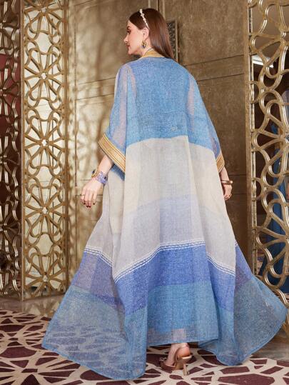 Al Najma Robe à col en V avec panneau brodé color block et manches chauve-souris décorées de franges Abaya, mode musulmane Abaya pour usage casual/festival/rassemblement/voyage