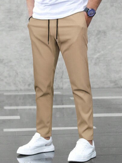 Manfinity Homme Pantalon pour hommes à poches obliques et taille à cordon, pantalon droit unicolore pour le travail, pour mari ou petit-ami, idéal pour l'automne