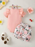 Ensemble de body à manches courtes côtelé pour bébé fille et short à fleurs